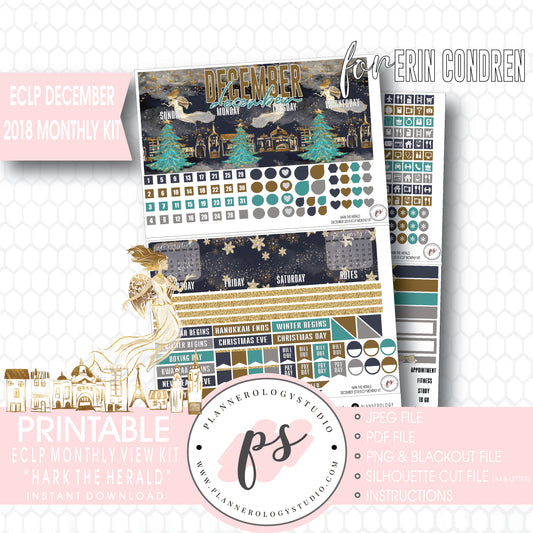Hark the Herald Christmas December 2018 Monthly View Kit Printable Planner Stickers (for use with ECLP) - Plannerologystudio