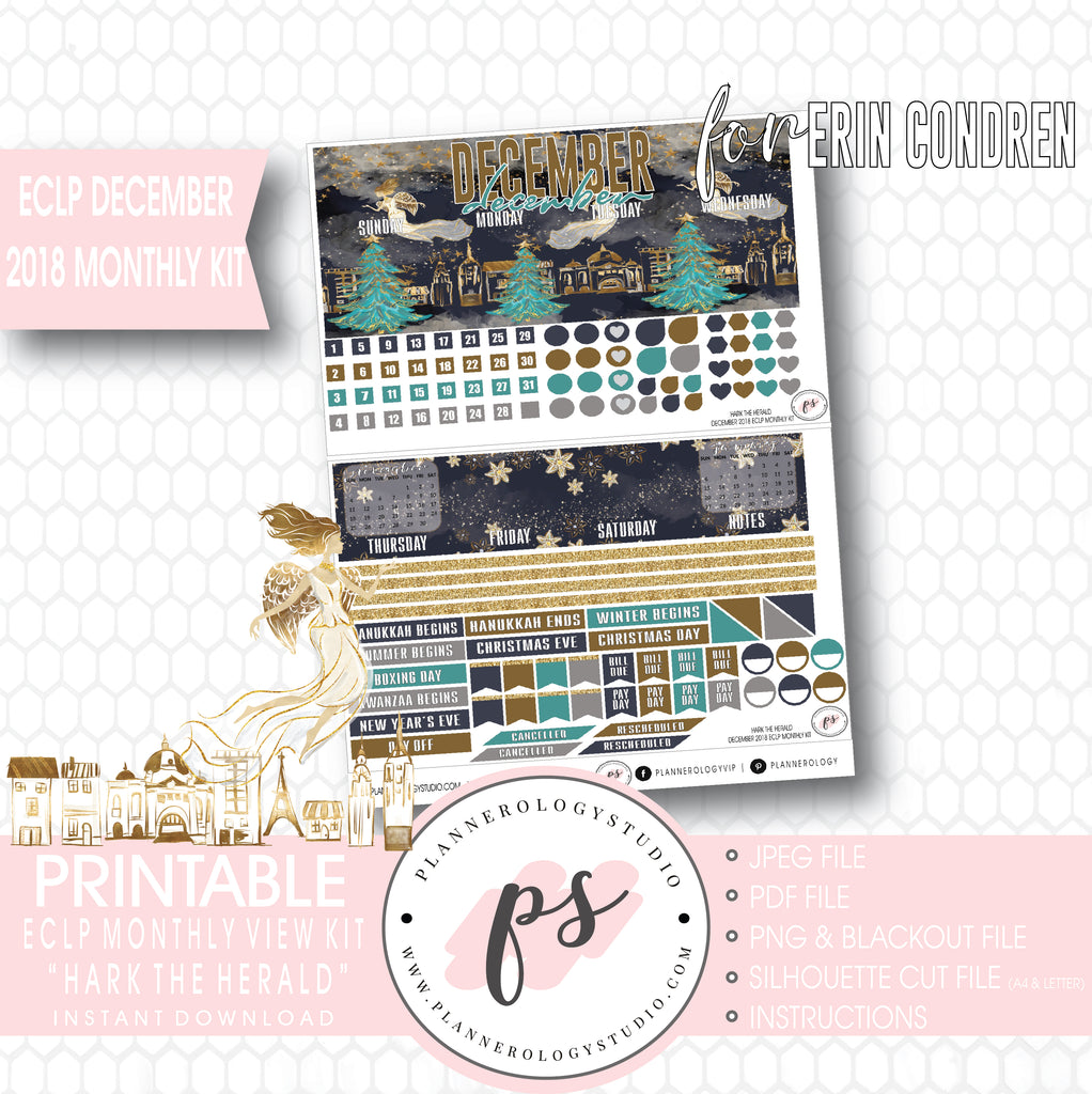 Hark the Herald Christmas December 2018 Monthly View Kit Printable Planner Stickers (for use with ECLP) - Plannerologystudio
