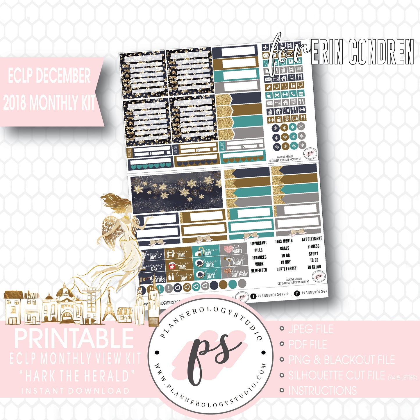 Hark the Herald Christmas December 2018 Monthly View Kit Printable Planner Stickers (for use with ECLP) - Plannerologystudio