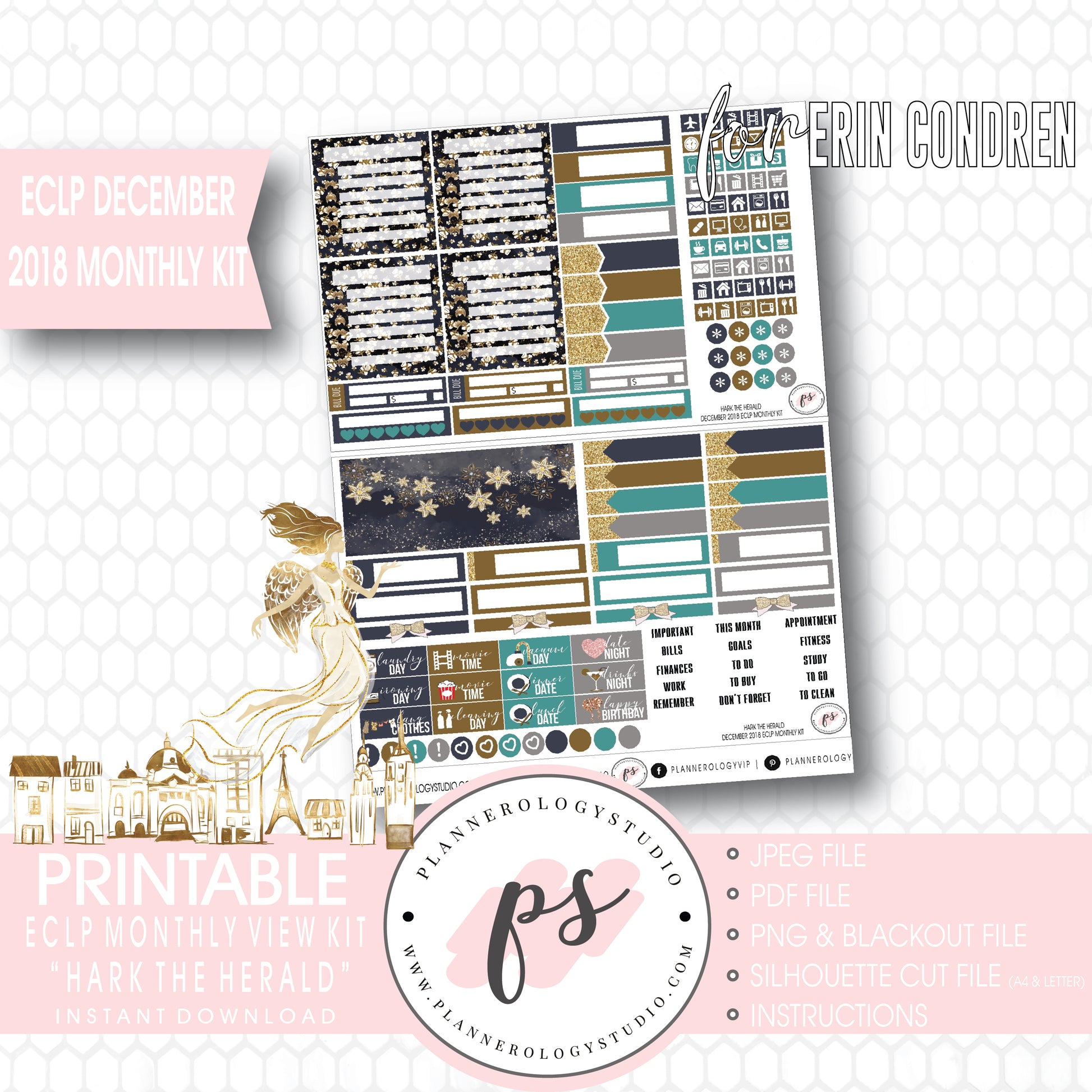 Hark the Herald Christmas December 2018 Monthly View Kit Printable Planner Stickers (for use with ECLP) - Plannerologystudio