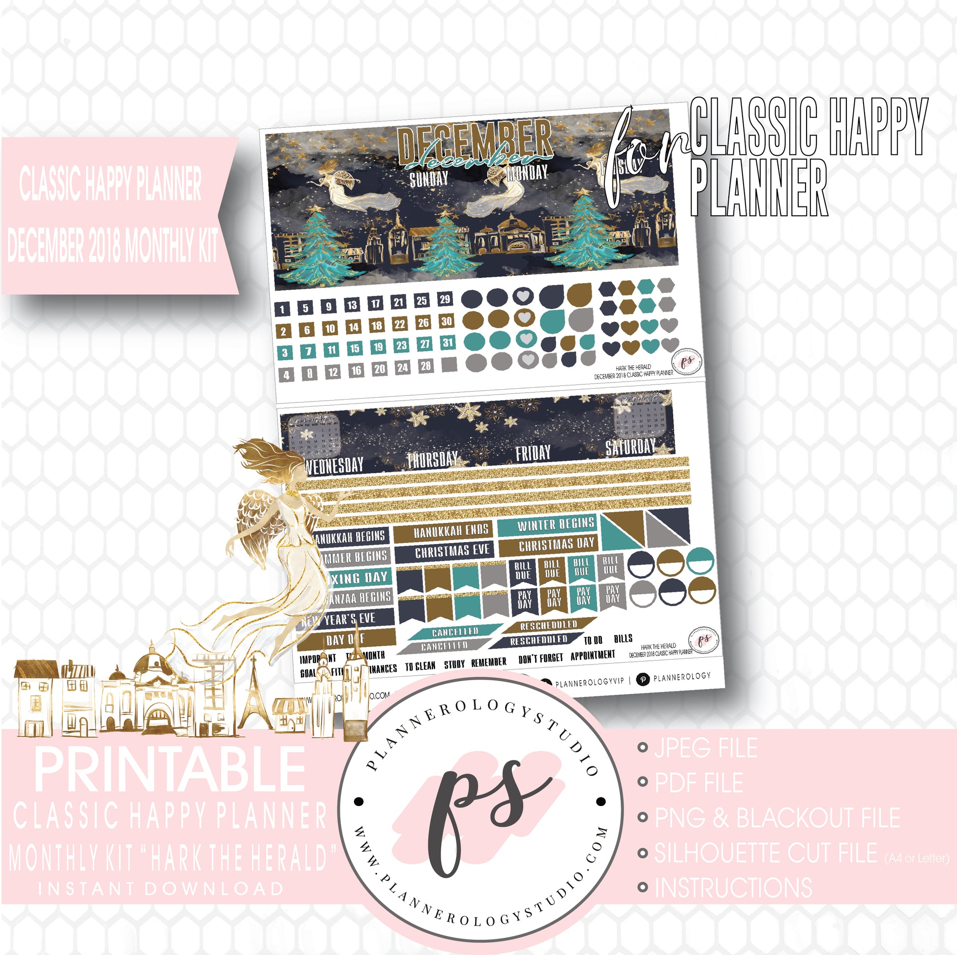 Hark the Herald Christmas December 2018 Monthly View Kit Printable Planner Stickers (for use with Classic Happy Planner) - Plannerologystudio