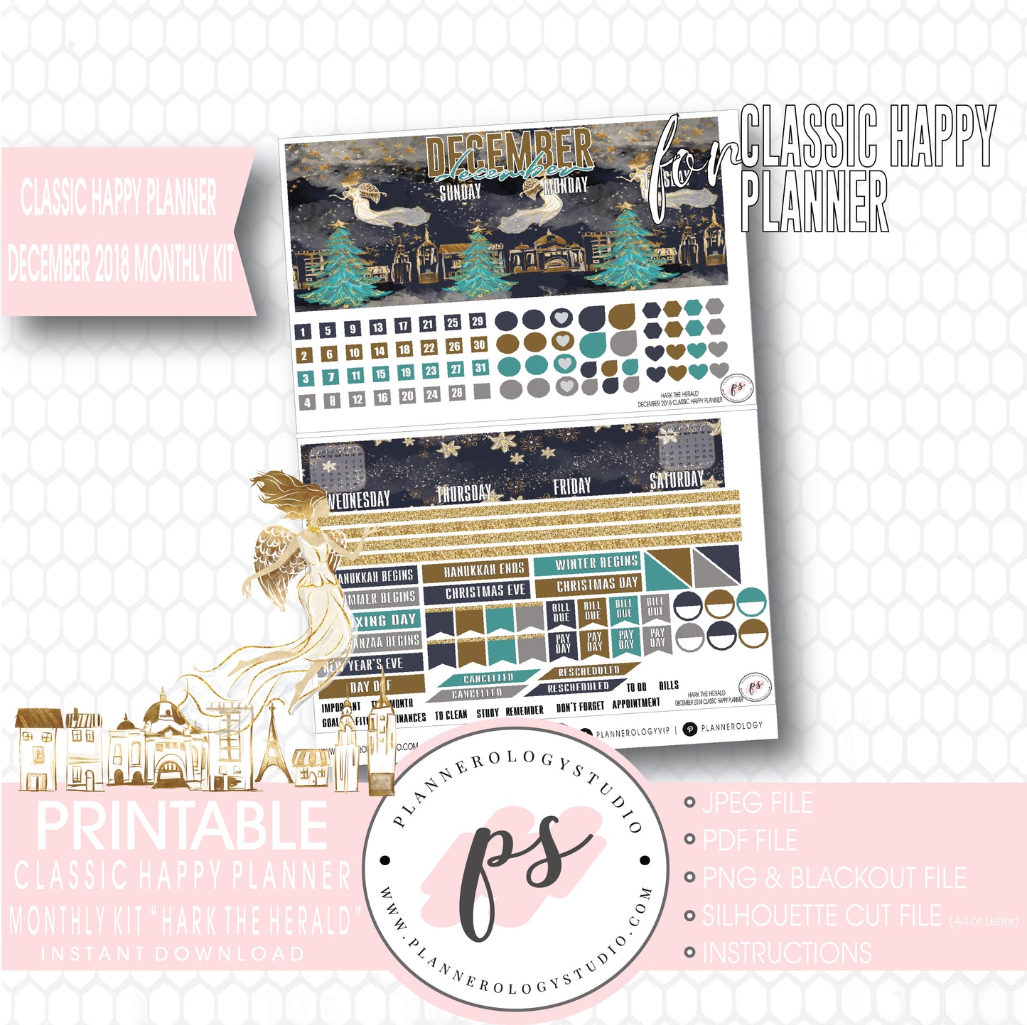 Hark the Herald Christmas December 2018 Monthly View Kit Printable Planner Stickers (for use with Classic Happy Planner) - Plannerologystudio