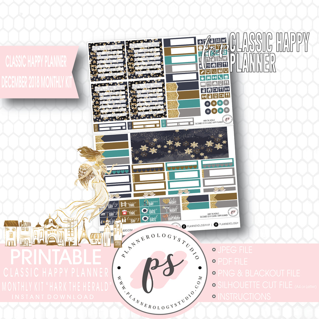 Hark the Herald Christmas December 2018 Monthly View Kit Printable Planner Stickers (for use with Classic Happy Planner) - Plannerologystudio