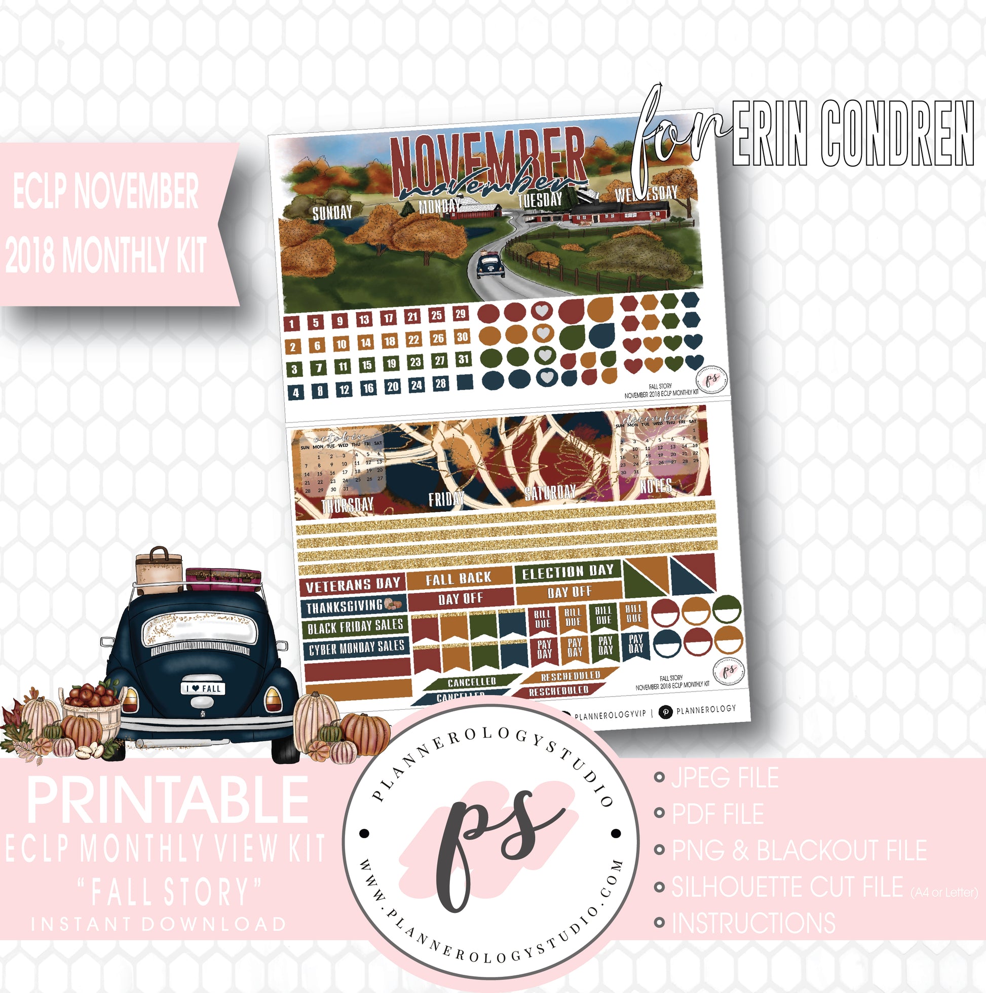 Fall Story November 2018 Monthly View Kit Digital Printable Planner Stickers (for use with Erin Condren) - Plannerologystudio