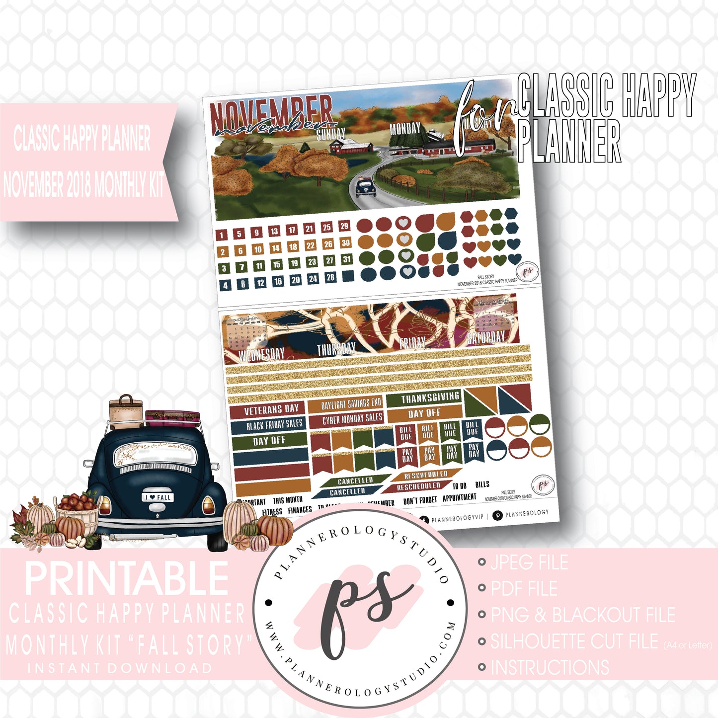 Fall Story November 2018 Monthly View Kit Digital Printable Planner Stickers (for use with Classic Happy Planner) - Plannerologystudio