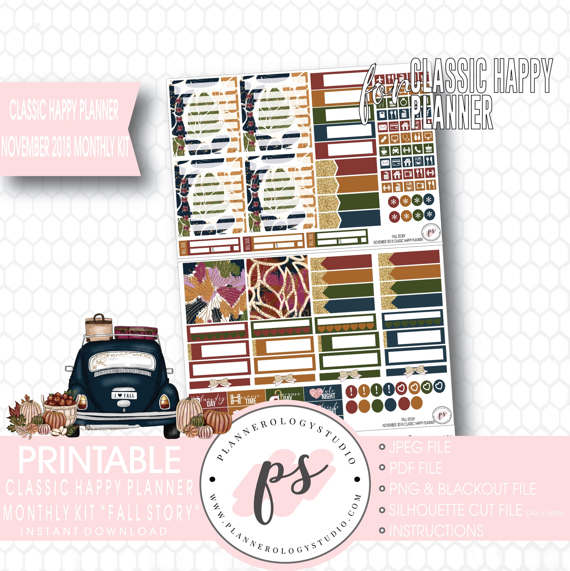 Fall Story November 2018 Monthly View Kit Digital Printable Planner Stickers (for use with Classic Happy Planner) - Plannerologystudio
