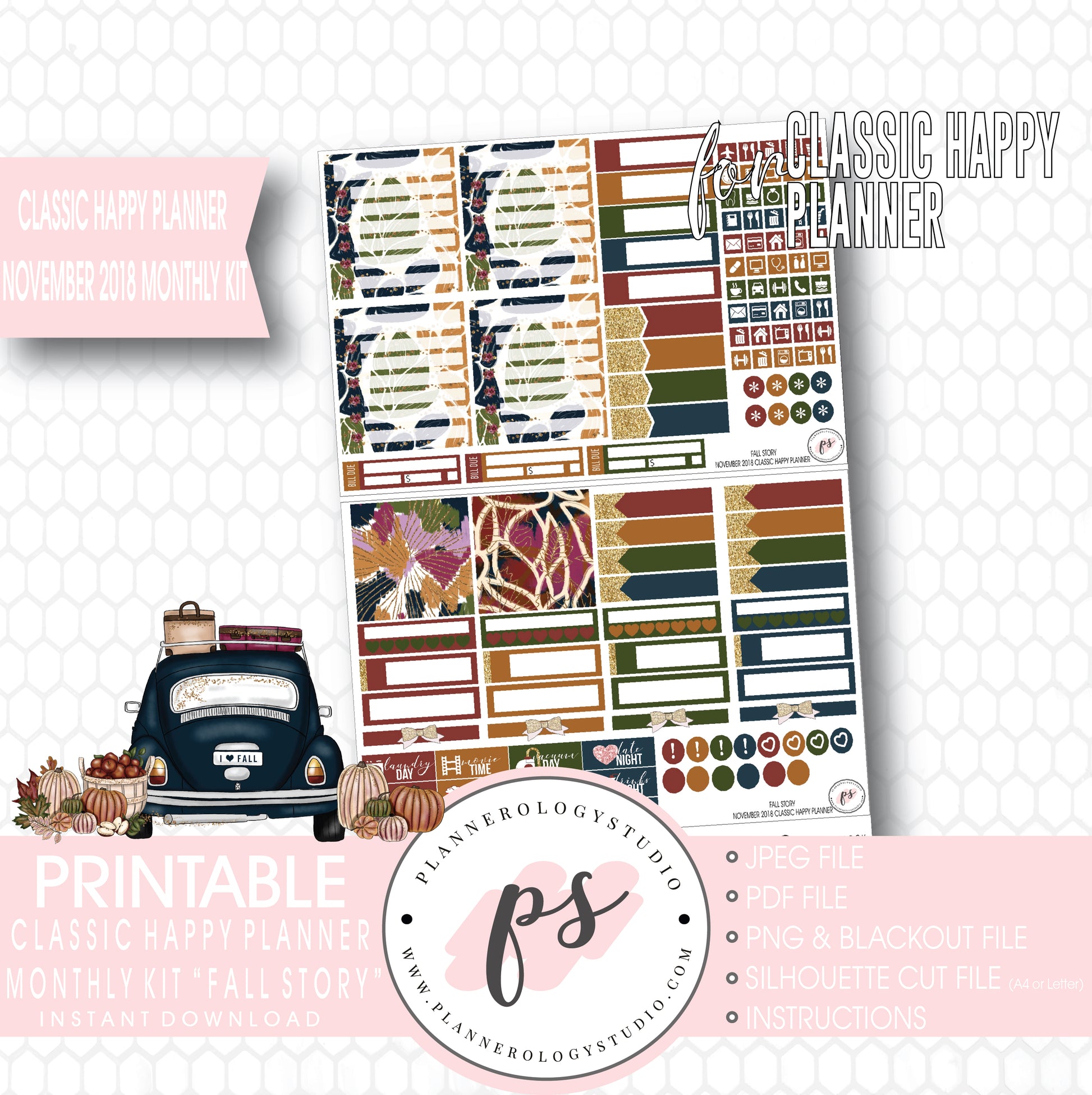 Fall Story November 2018 Monthly View Kit Digital Printable Planner Stickers (for use with Classic Happy Planner) - Plannerologystudio