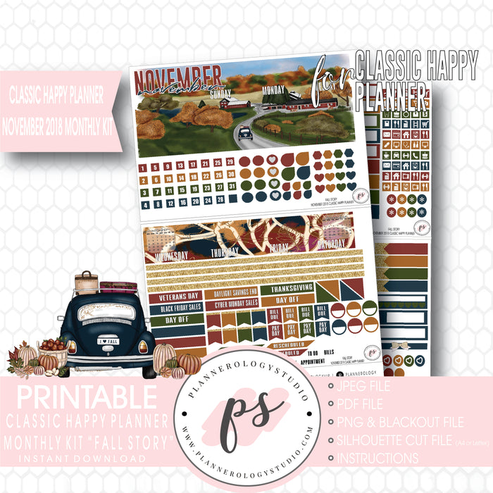 Fall Story November 2018 Monthly View Kit Digital Printable Planner Stickers (for use with Classic Happy Planner) - Plannerologystudio