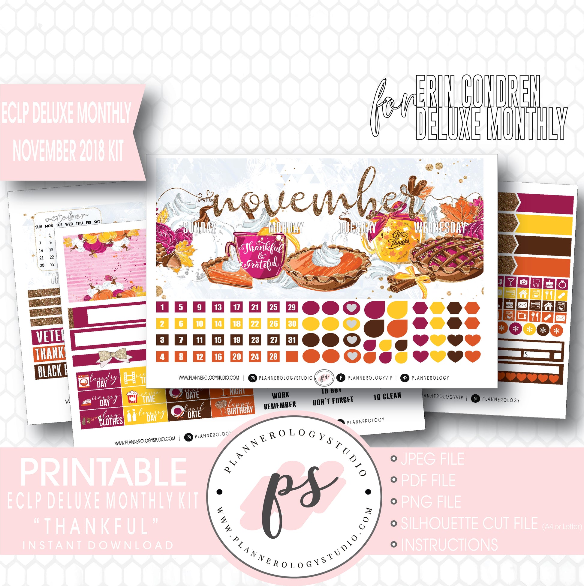 Thankful Thanksgiving November 2018 Monthly View Kit Digital Printable Planner Stickers (for use with Erin Condren Large Deluxe Monthly Planner) - Plannerologystudio