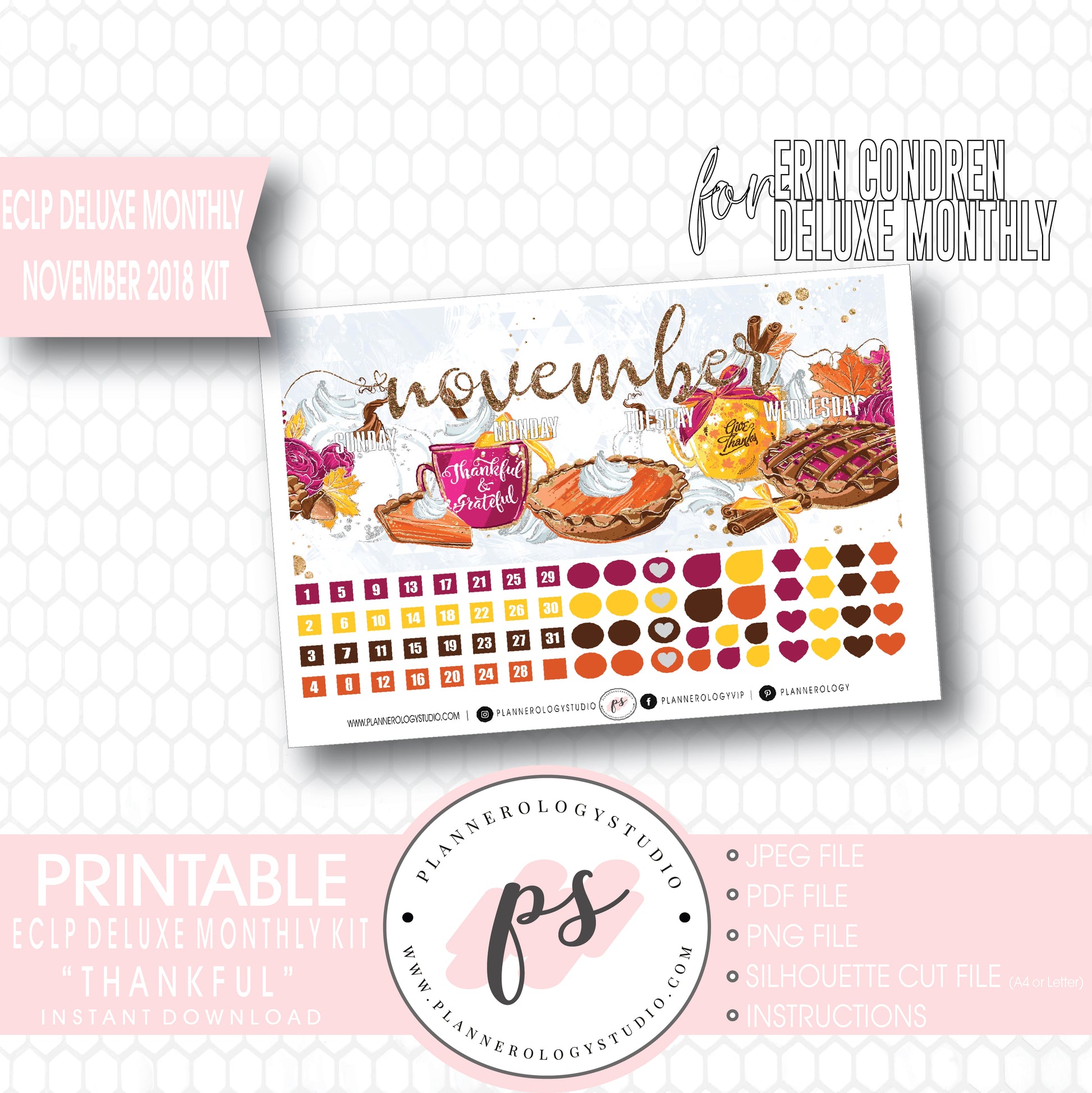 Thankful Thanksgiving November 2018 Monthly View Kit Digital Printable Planner Stickers (for use with Erin Condren Large Deluxe Monthly Planner) - Plannerologystudio