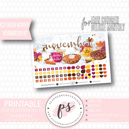 Thankful Thanksgiving November 2018 Monthly View Kit Digital Printable Planner Stickers (for use with Erin Condren Large Deluxe Monthly Planner) - Plannerologystudio