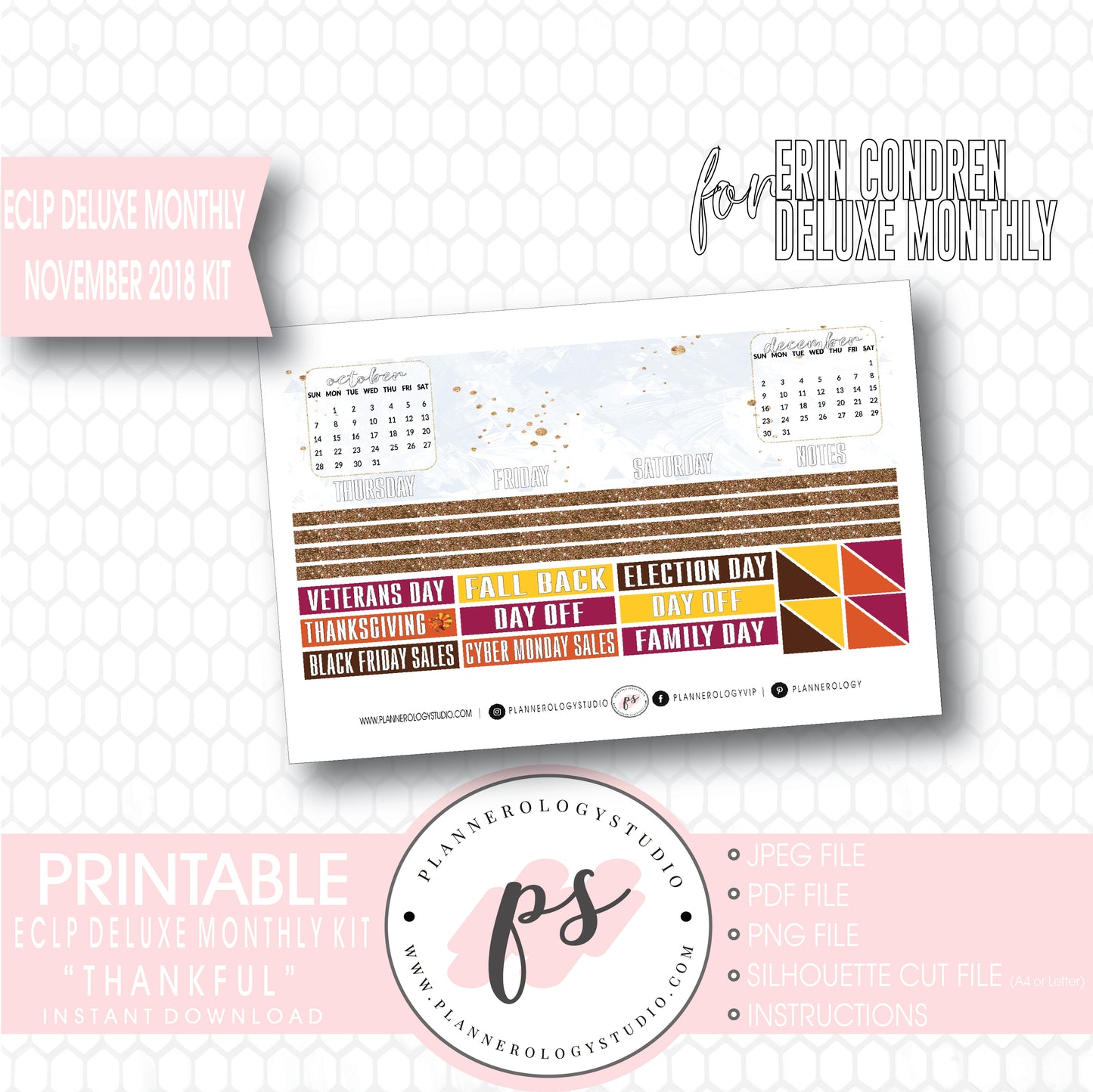Thankful Thanksgiving November 2018 Monthly View Kit Digital Printable Planner Stickers (for use with Erin Condren Large Deluxe Monthly Planner) - Plannerologystudio