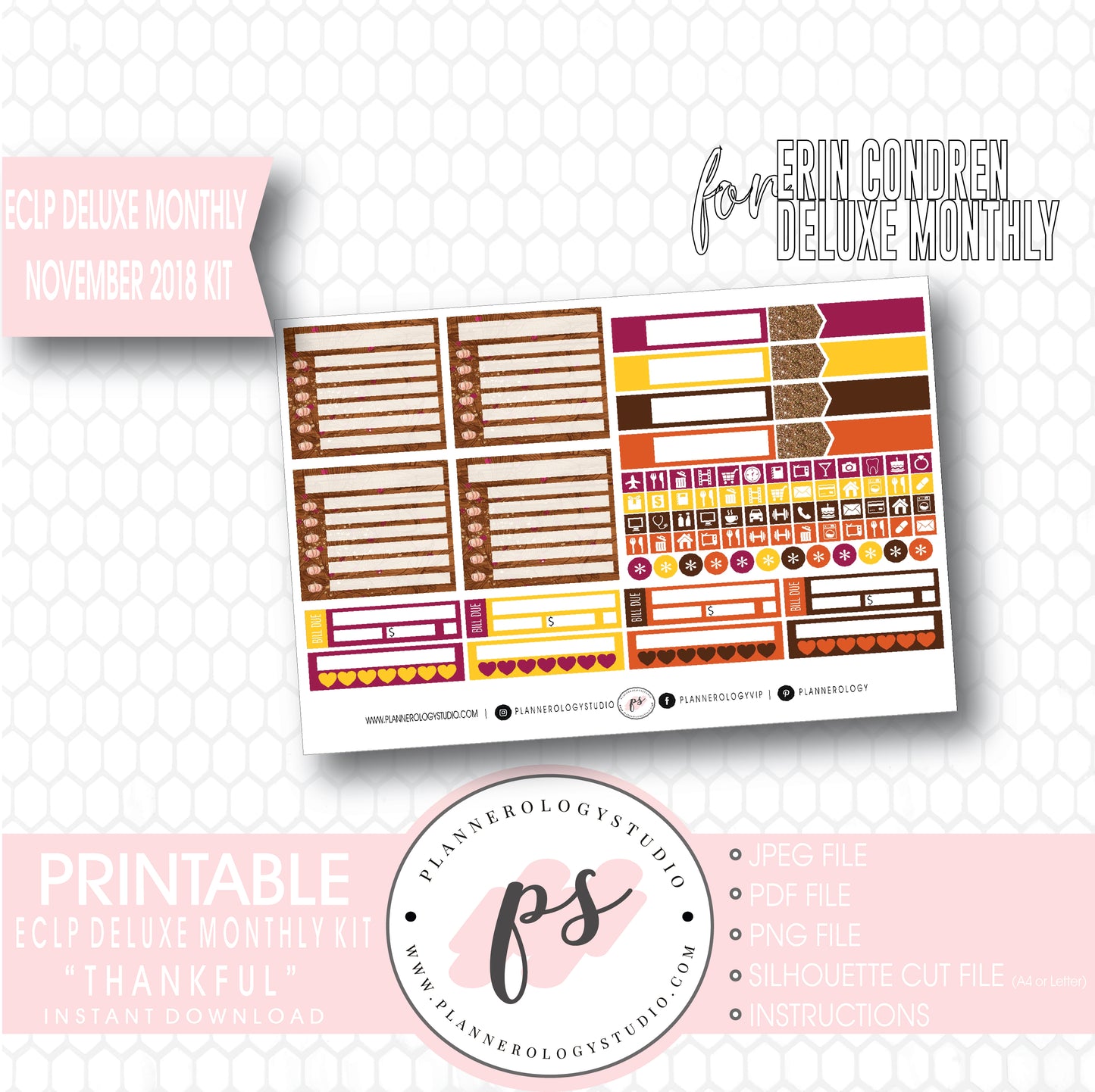 Thankful Thanksgiving November 2018 Monthly View Kit Digital Printable Planner Stickers (for use with Erin Condren Large Deluxe Monthly Planner) - Plannerologystudio