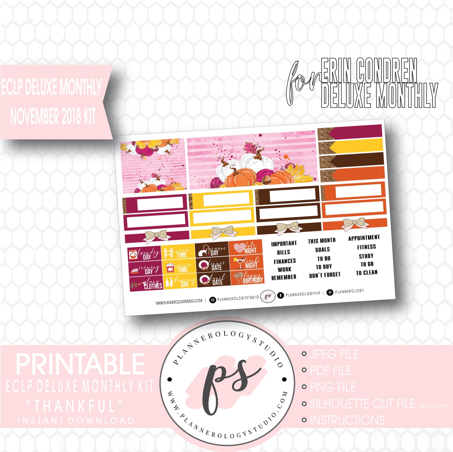 Thankful Thanksgiving November 2018 Monthly View Kit Digital Printable Planner Stickers (for use with Erin Condren Large Deluxe Monthly Planner) - Plannerologystudio