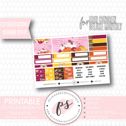 Thankful Thanksgiving November 2018 Monthly View Kit Digital Printable Planner Stickers (for use with Erin Condren Large Deluxe Monthly Planner) - Plannerologystudio