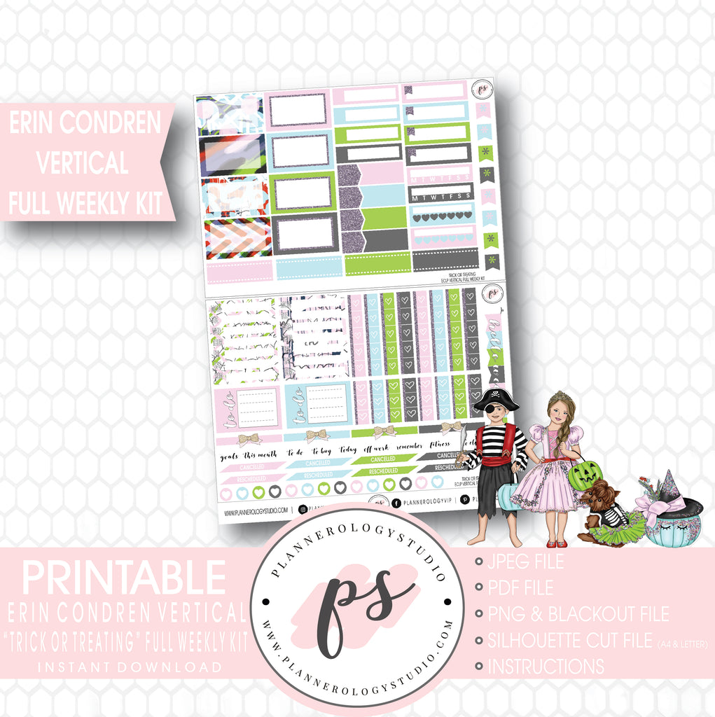 Trick or Treating Halloween Full Weekly Kit Printable Planner Digital Stickers (for use with Erin Condren Vertical) - Plannerologystudio