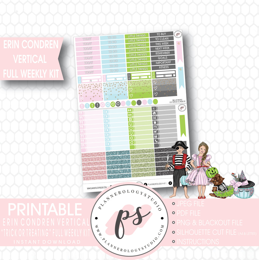 Trick or Treating Halloween Full Weekly Kit Printable Planner Digital Stickers (for use with Erin Condren Vertical) - Plannerologystudio
