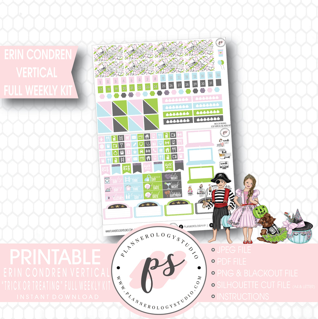 Trick or Treating Halloween Full Weekly Kit Printable Planner Digital Stickers (for use with Erin Condren Vertical) - Plannerologystudio
