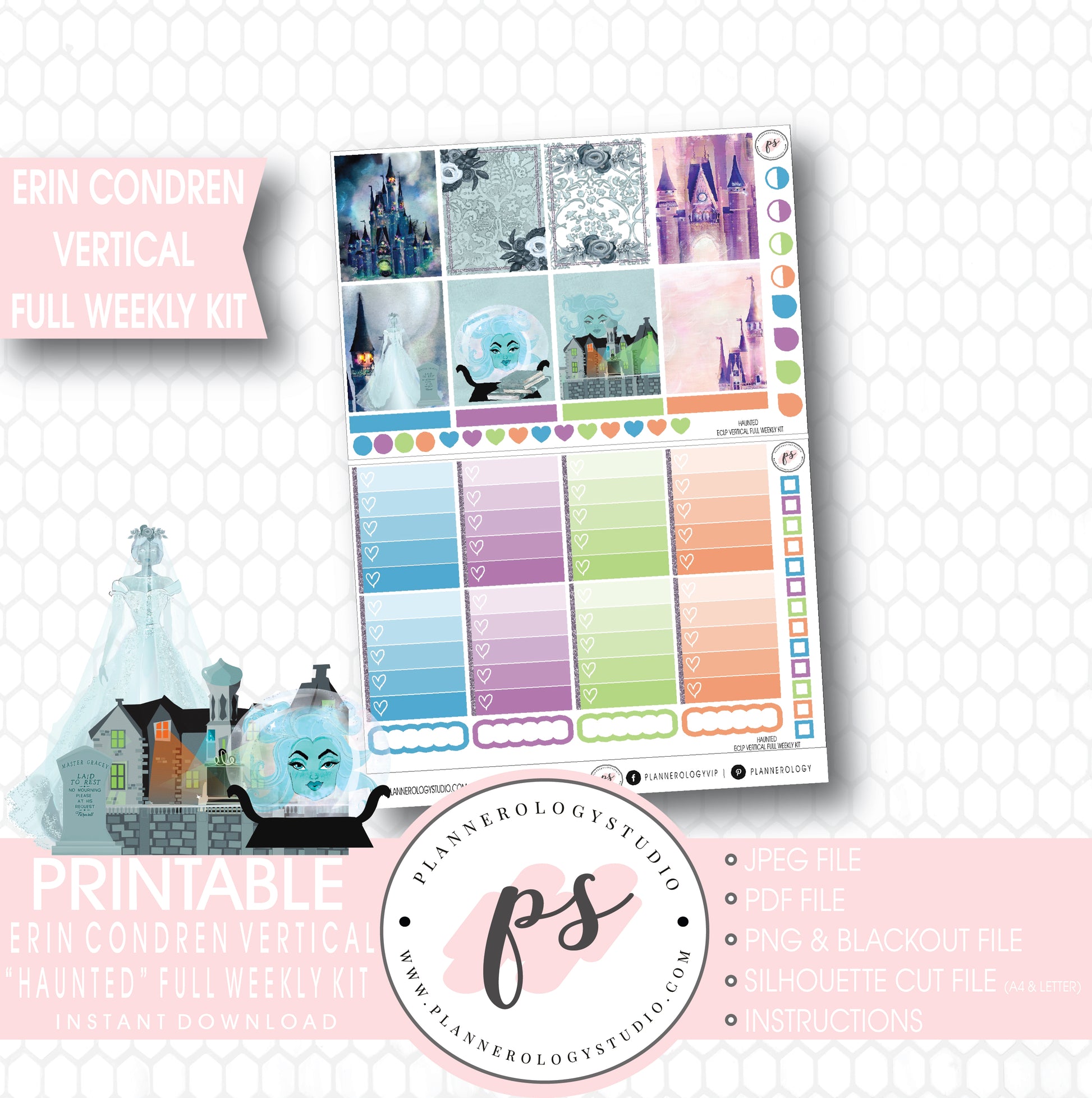 Haunted Disney Halloween Full Weekly Kit Printable Planner Digital Stickers (for use with Erin Condren Vertical) - Plannerologystudio