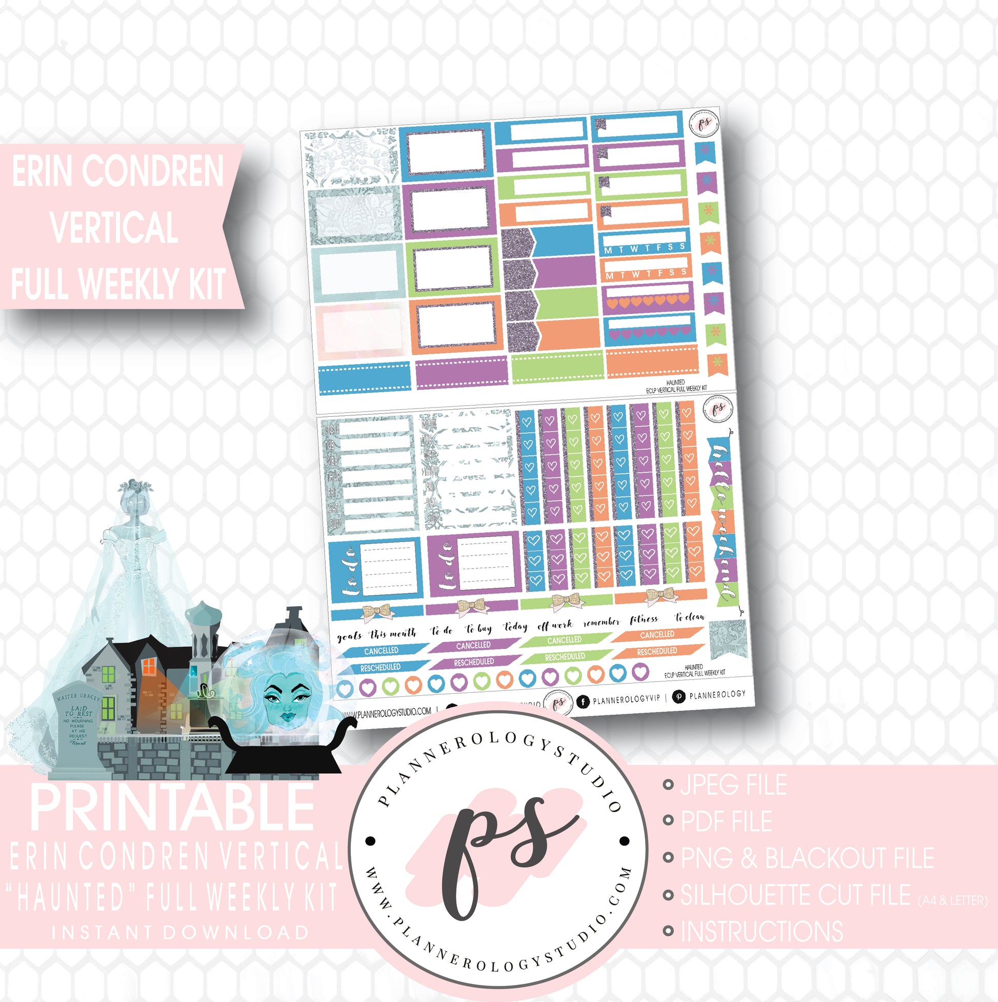 Haunted Disney Halloween Full Weekly Kit Printable Planner Digital Stickers (for use with Erin Condren Vertical) - Plannerologystudio