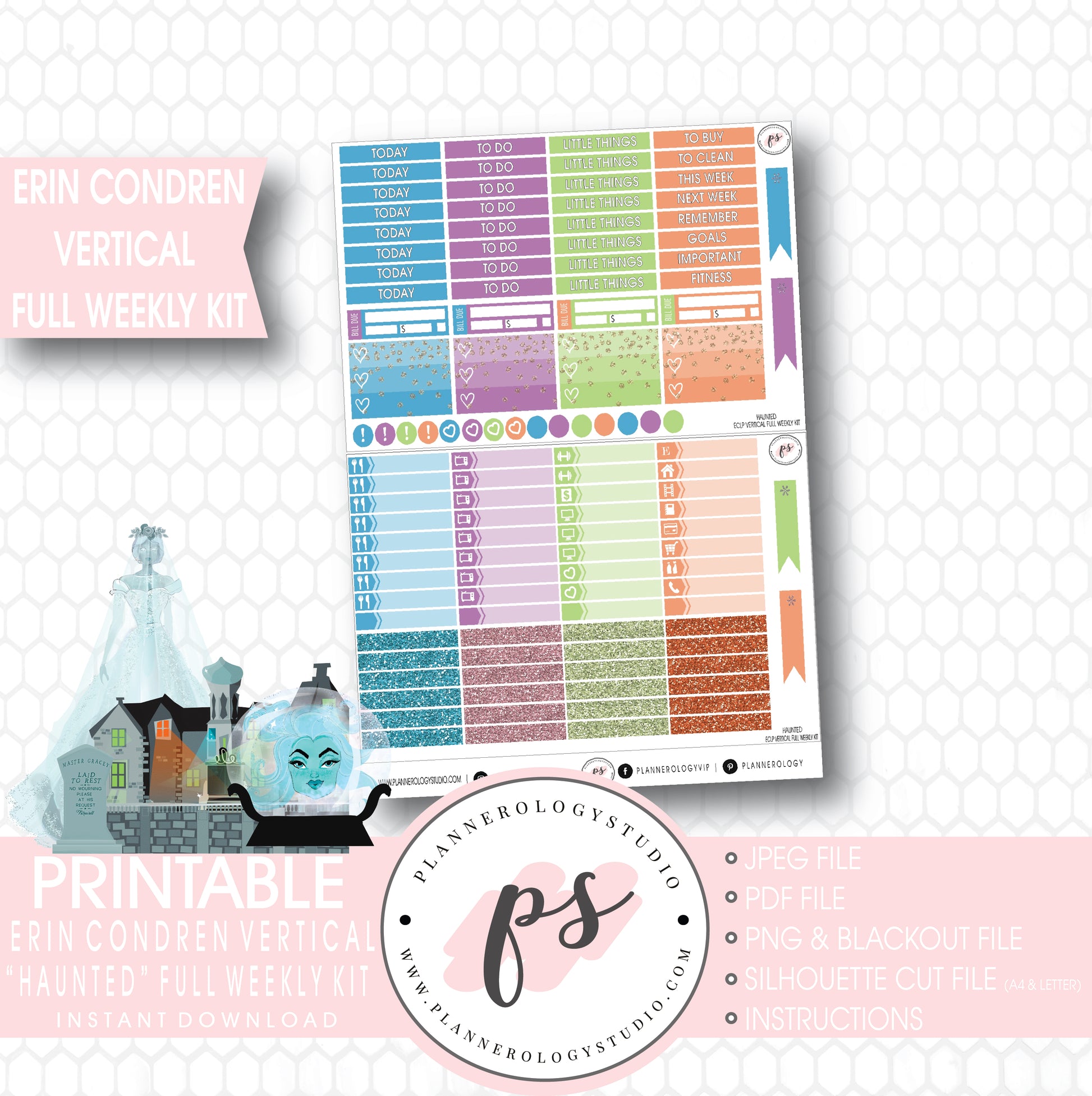 Haunted Disney Halloween Full Weekly Kit Printable Planner Digital Stickers (for use with Erin Condren Vertical) - Plannerologystudio