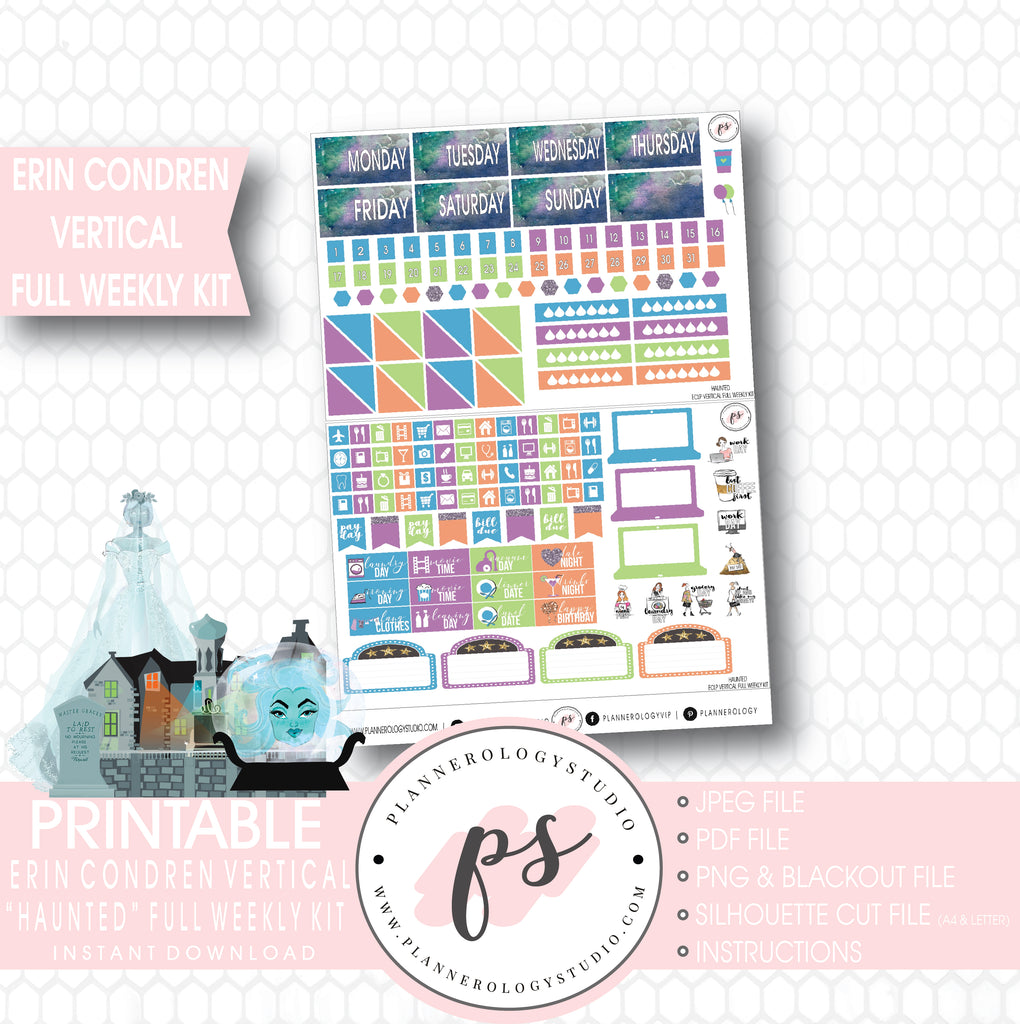 Haunted Disney Halloween Full Weekly Kit Printable Planner Digital Stickers (for use with Erin Condren Vertical) - Plannerologystudio