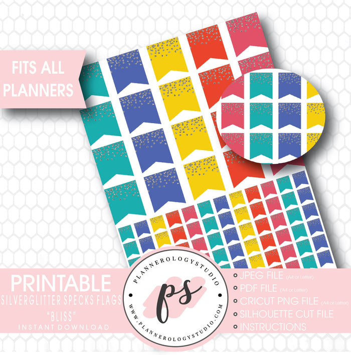 "Bliss" Silver Glitter Specks Flags Printable Planner Stickers - Plannerologystudio
