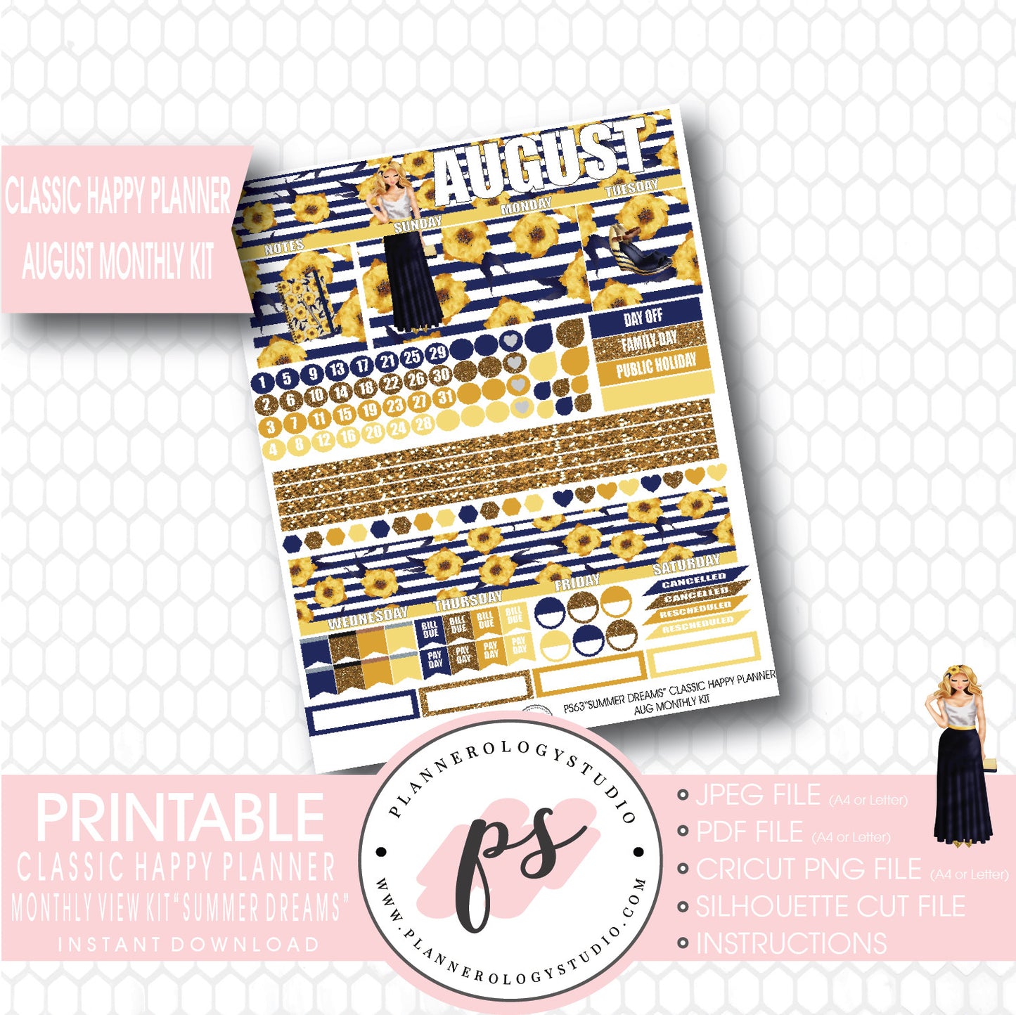 "Summer Dreams" August 2017 Monthly View Kit Printable Planner Stickers (for use with Mambi Classic Happy Planner) - Plannerologystudio