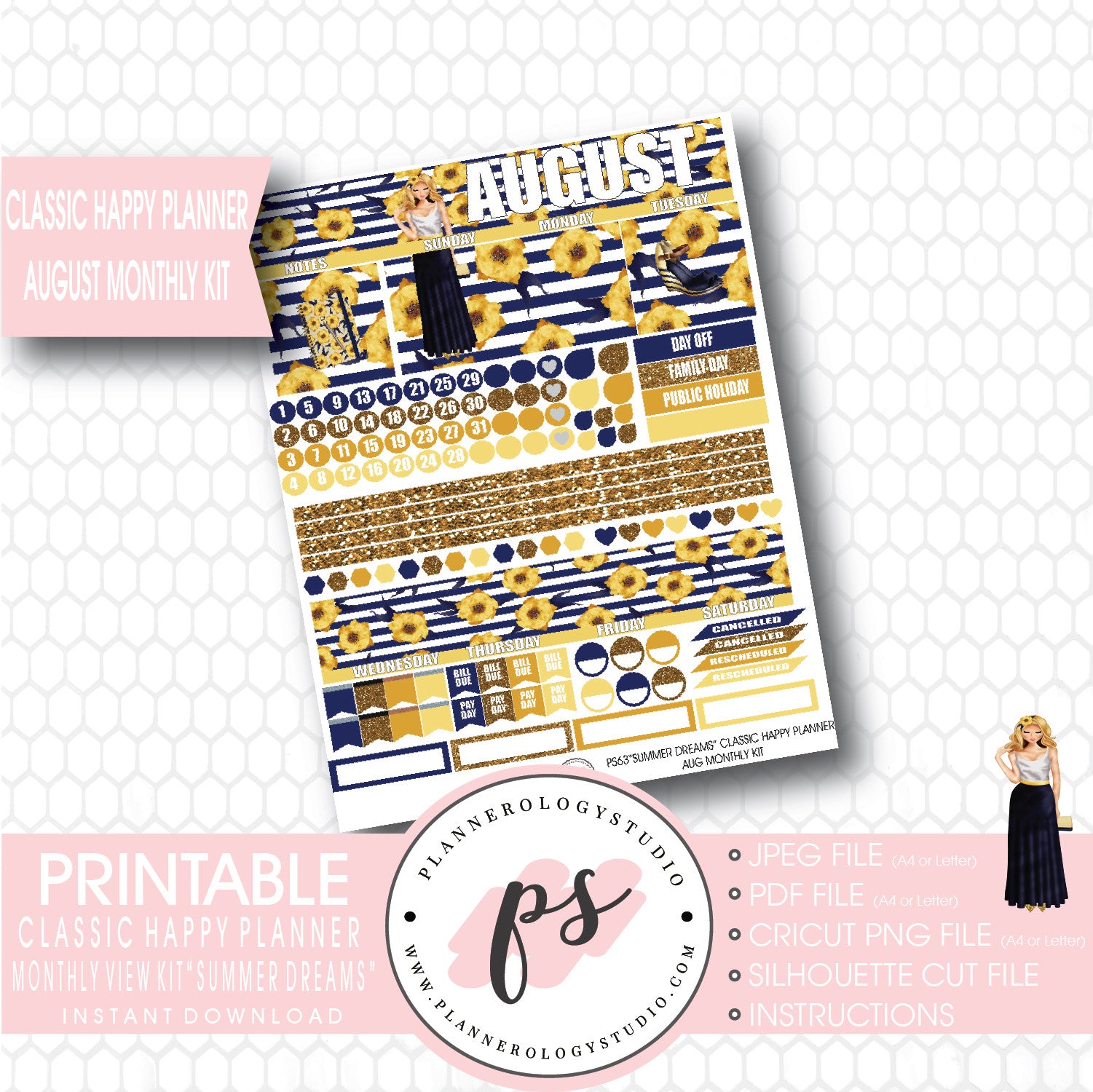 "Summer Dreams" August 2017 Monthly View Kit Printable Planner Stickers (for use with Mambi Classic Happy Planner) - Plannerologystudio