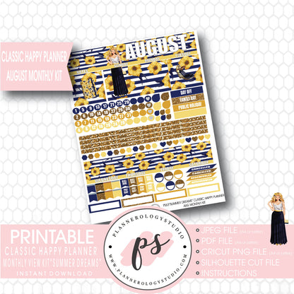 "Summer Dreams" August 2017 Monthly View Kit Printable Planner Stickers (for use with Mambi Classic Happy Planner) - Plannerologystudio