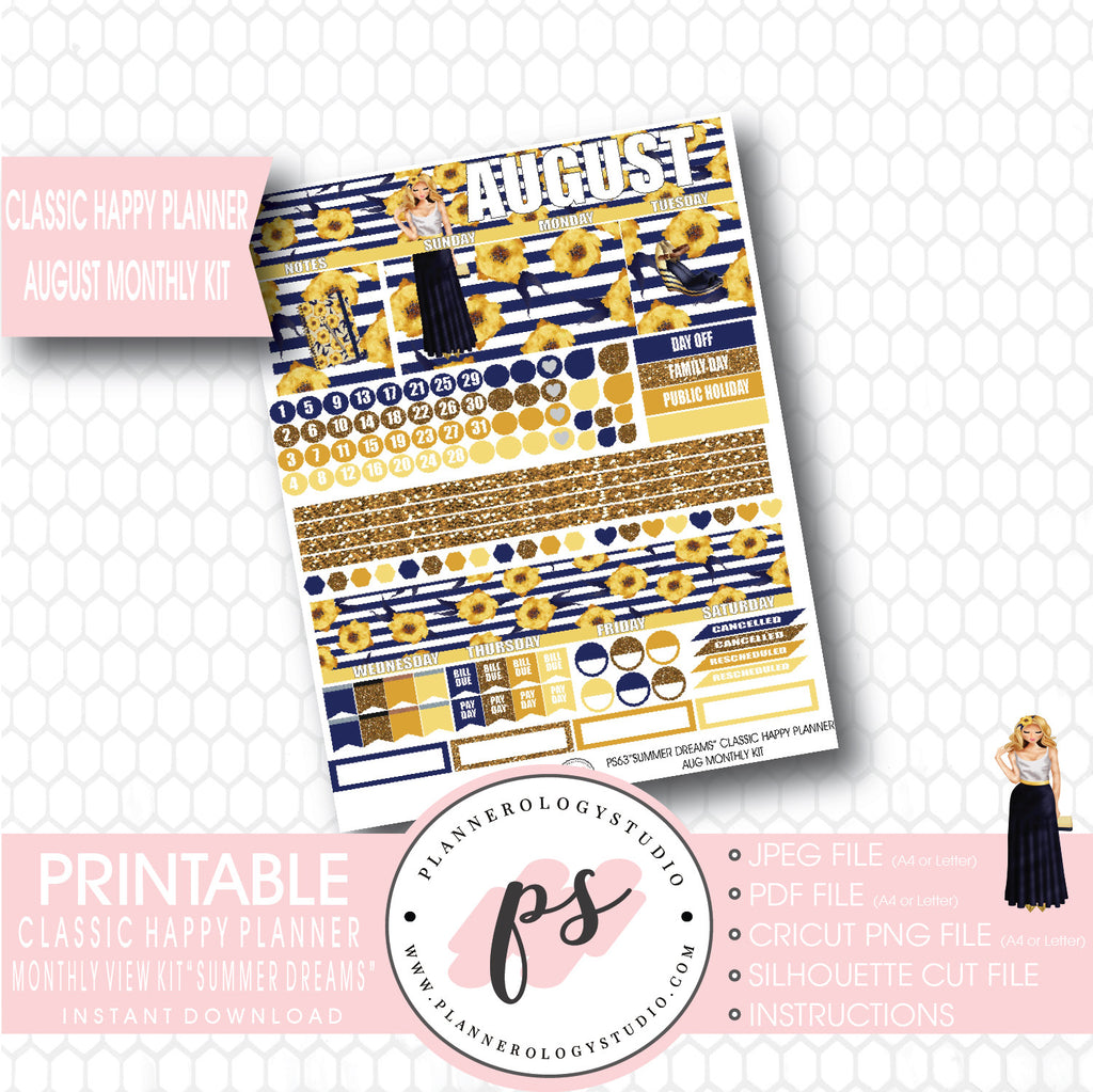 "Summer Dreams" August 2017 Monthly View Kit Printable Planner Stickers (for use with Mambi Classic Happy Planner) - Plannerologystudio