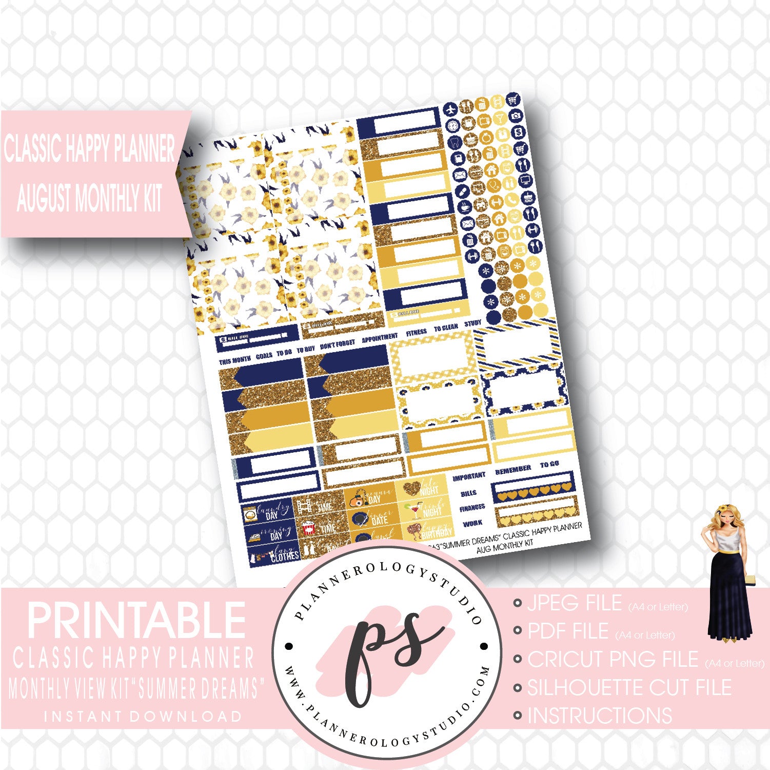 "Summer Dreams" August 2017 Monthly View Kit Printable Planner Stickers (for use with Mambi Classic Happy Planner) - Plannerologystudio
