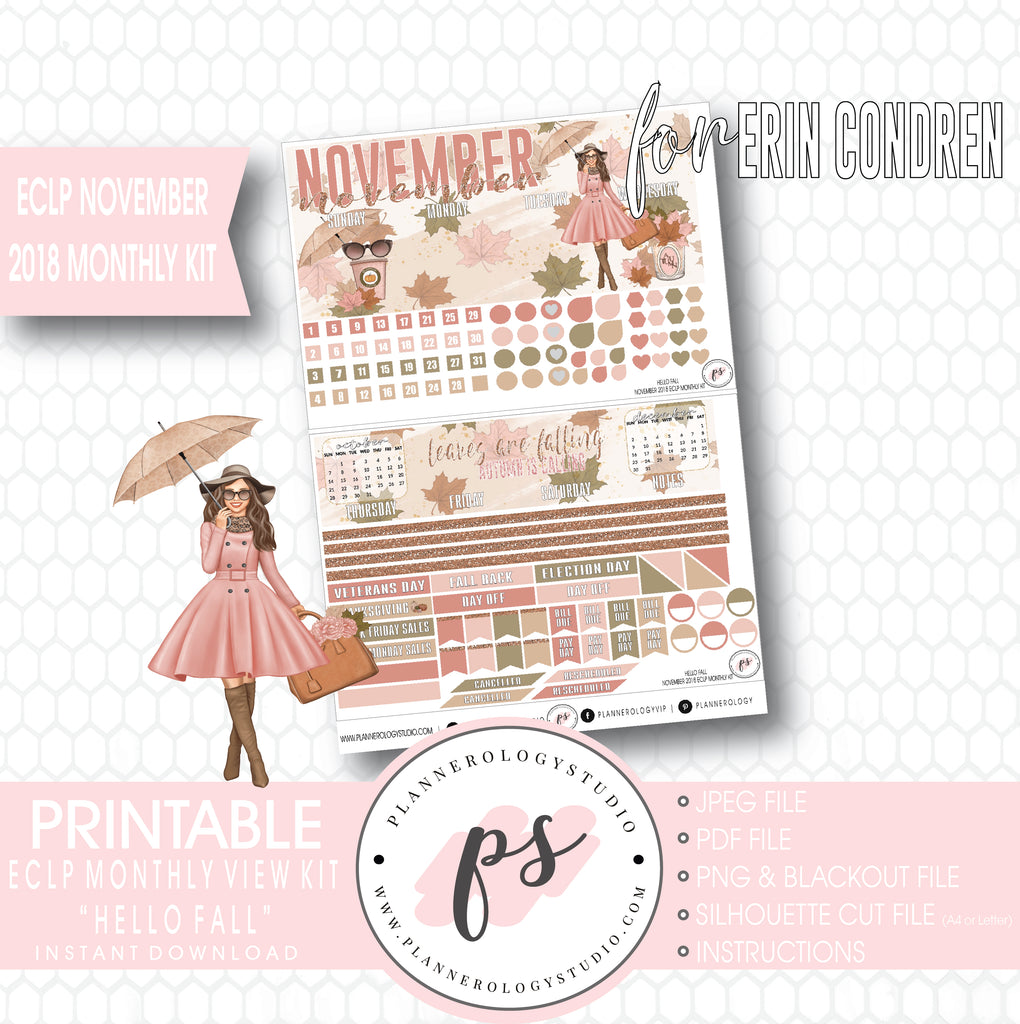 Hello Fall November 2018 Monthly View Kit Digital Printable Planner Stickers (for use with Erin Condren) - Plannerologystudio