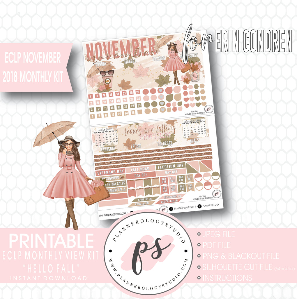 Hello Fall November 2018 Monthly View Kit Digital Printable Planner Stickers (for use with Erin Condren) - Plannerologystudio