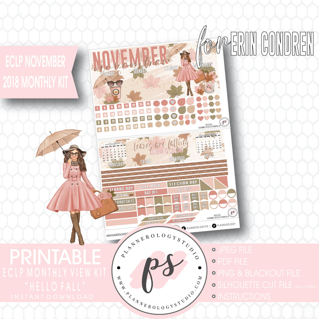 Hello Fall November 2018 Monthly View Kit Digital Printable Planner Stickers (for use with Erin Condren) - Plannerologystudio