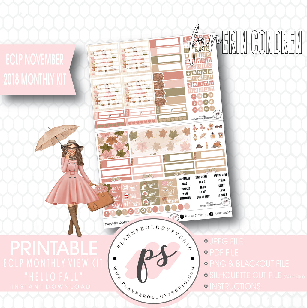 Hello Fall November 2018 Monthly View Kit Digital Printable Planner Stickers (for use with Erin Condren) - Plannerologystudio