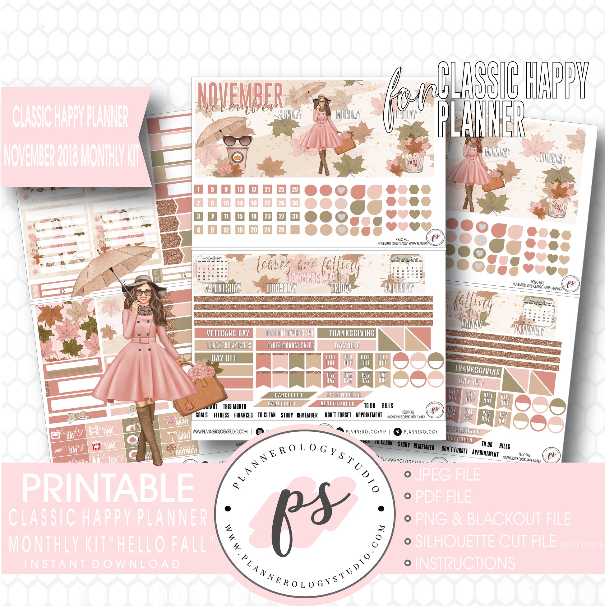 Hello Fall November 2018 Monthly View Kit Digital Printable Planner Stickers (for use with Classic Happy Planner) - Plannerologystudio