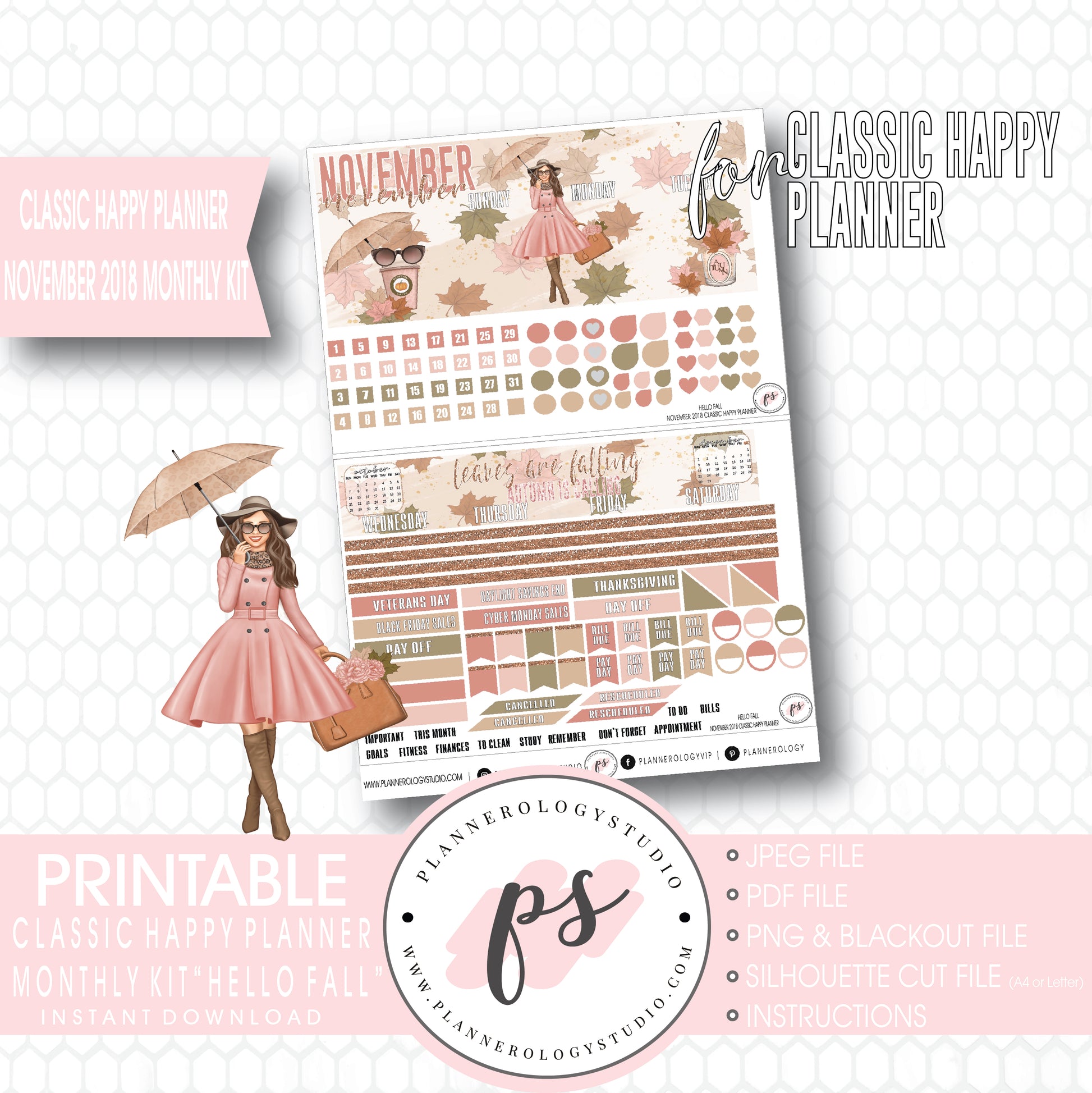 Hello Fall November 2018 Monthly View Kit Digital Printable Planner Stickers (for use with Classic Happy Planner) - Plannerologystudio