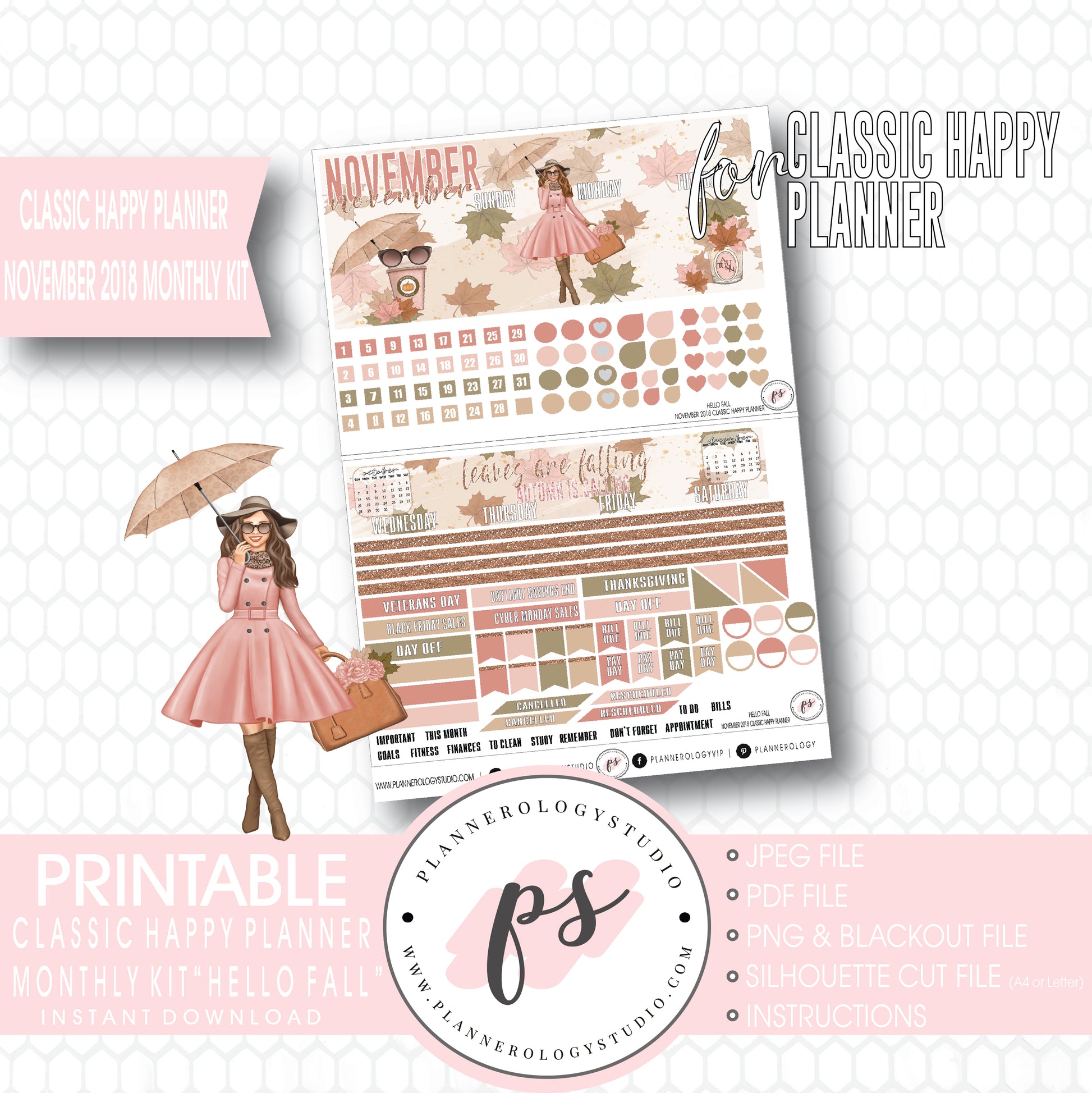 Hello Fall November 2018 Monthly View Kit Digital Printable Planner Stickers (for use with Classic Happy Planner) - Plannerologystudio