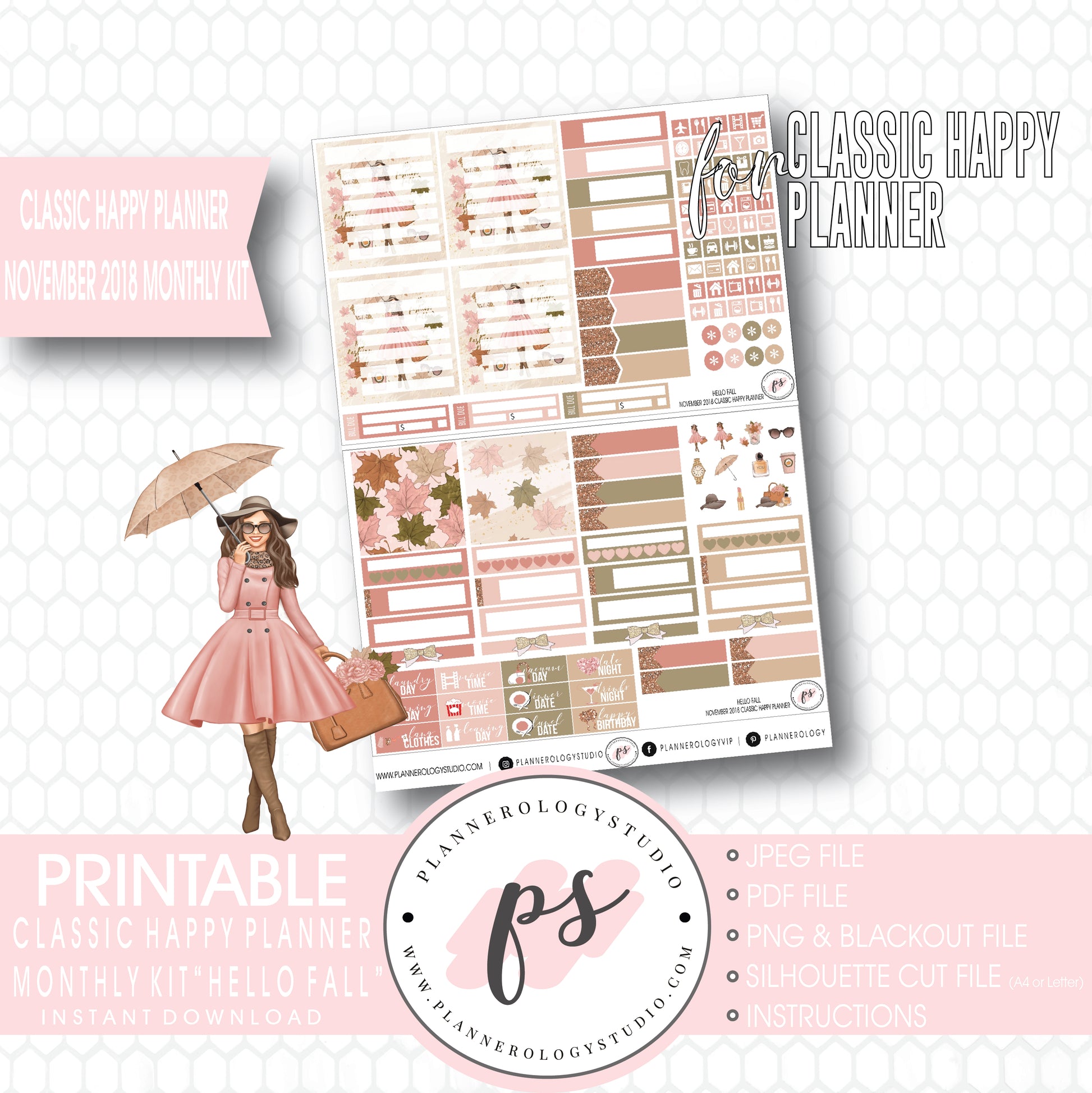 Hello Fall November 2018 Monthly View Kit Digital Printable Planner Stickers (for use with Classic Happy Planner) - Plannerologystudio
