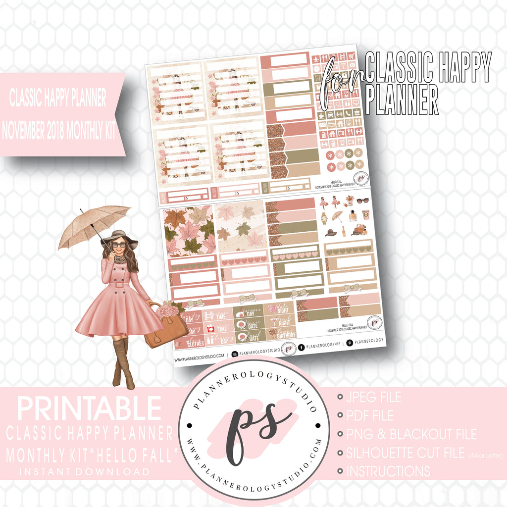 Hello Fall November 2018 Monthly View Kit Digital Printable Planner Stickers (for use with Classic Happy Planner) - Plannerologystudio