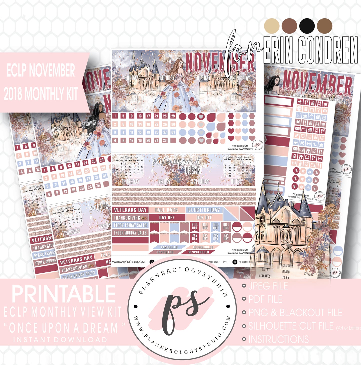 Once Upon a Dream November 2018 Monthly View Kit Digital Printable Planner Stickers (for use with Erin Condren) - Plannerologystudio