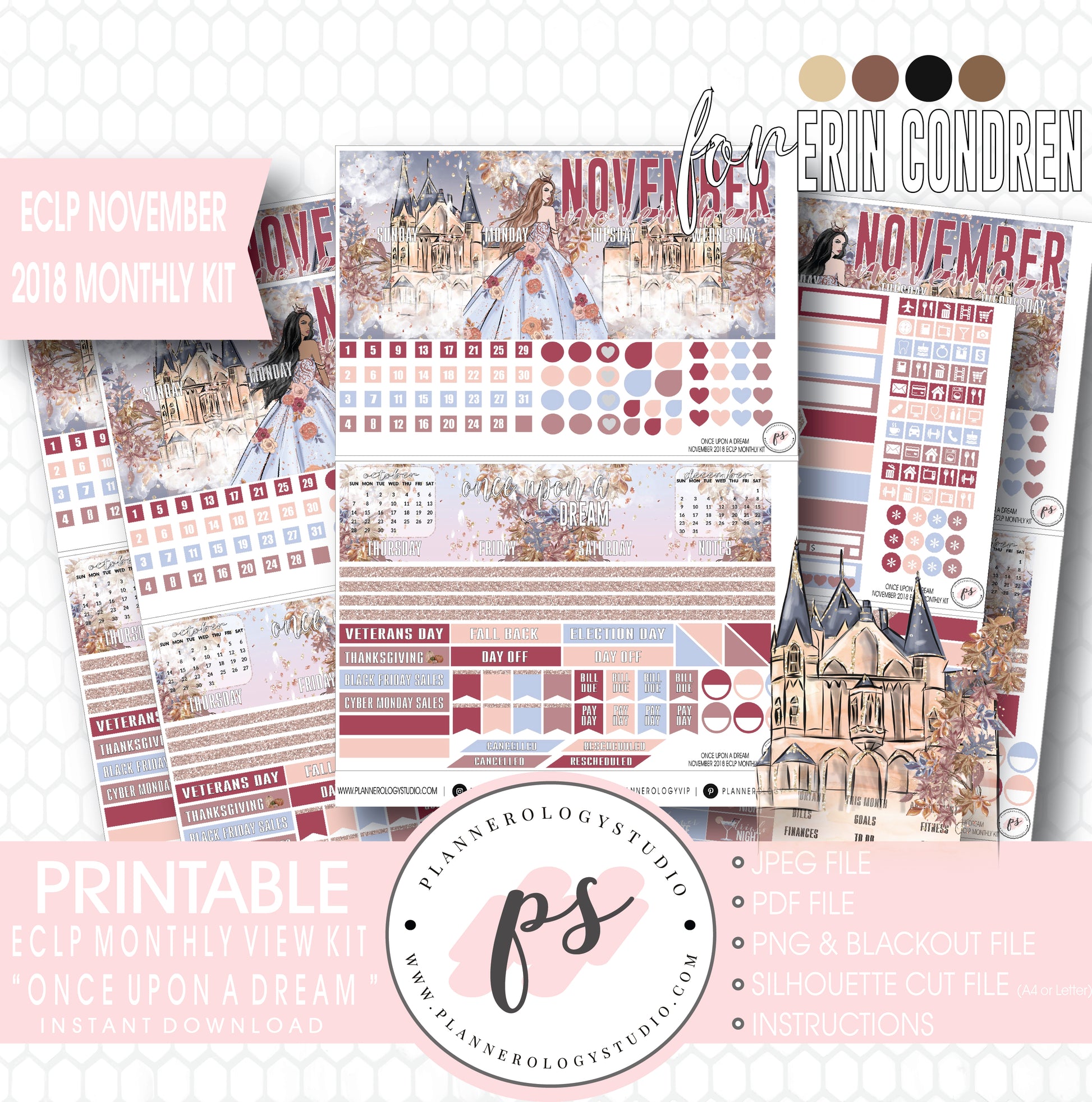 Once Upon a Dream November 2018 Monthly View Kit Digital Printable Planner Stickers (for use with Erin Condren) - Plannerologystudio
