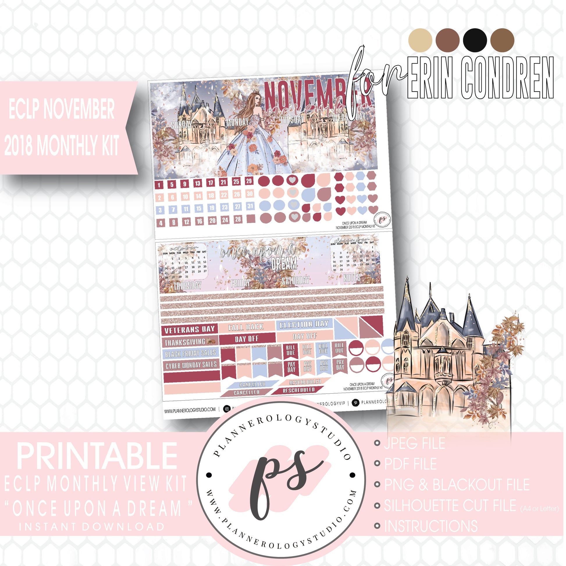 Once Upon a Dream November 2018 Monthly View Kit Digital Printable Planner Stickers (for use with Erin Condren) - Plannerologystudio