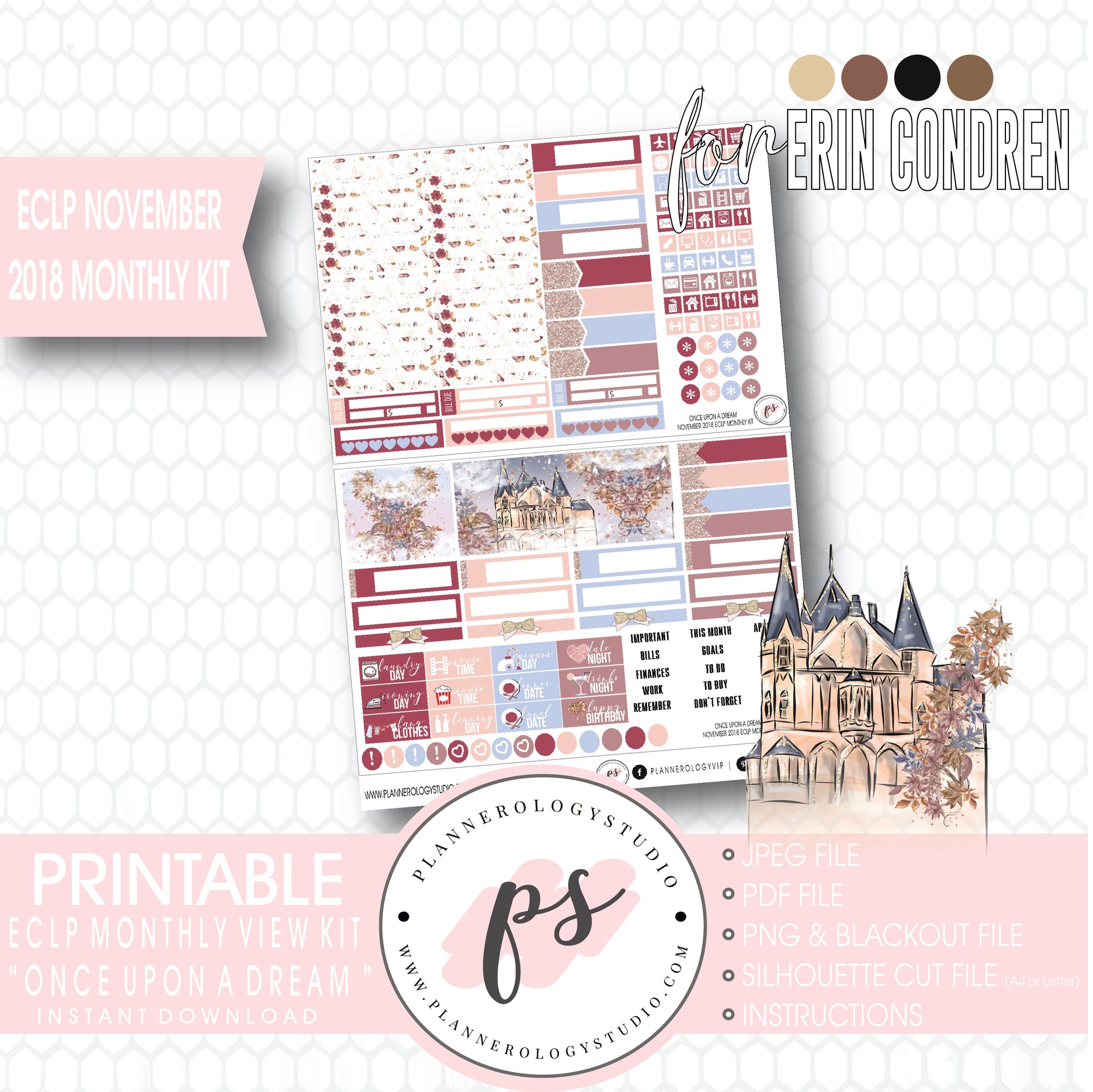 Once Upon a Dream November 2018 Monthly View Kit Digital Printable Planner Stickers (for use with Erin Condren) - Plannerologystudio