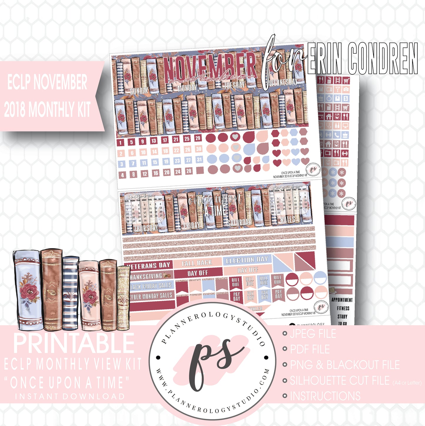Once Upon a Time November 2018 Monthly View Kit Digital Printable Planner Stickers (for use with Erin Condren) - Plannerologystudio