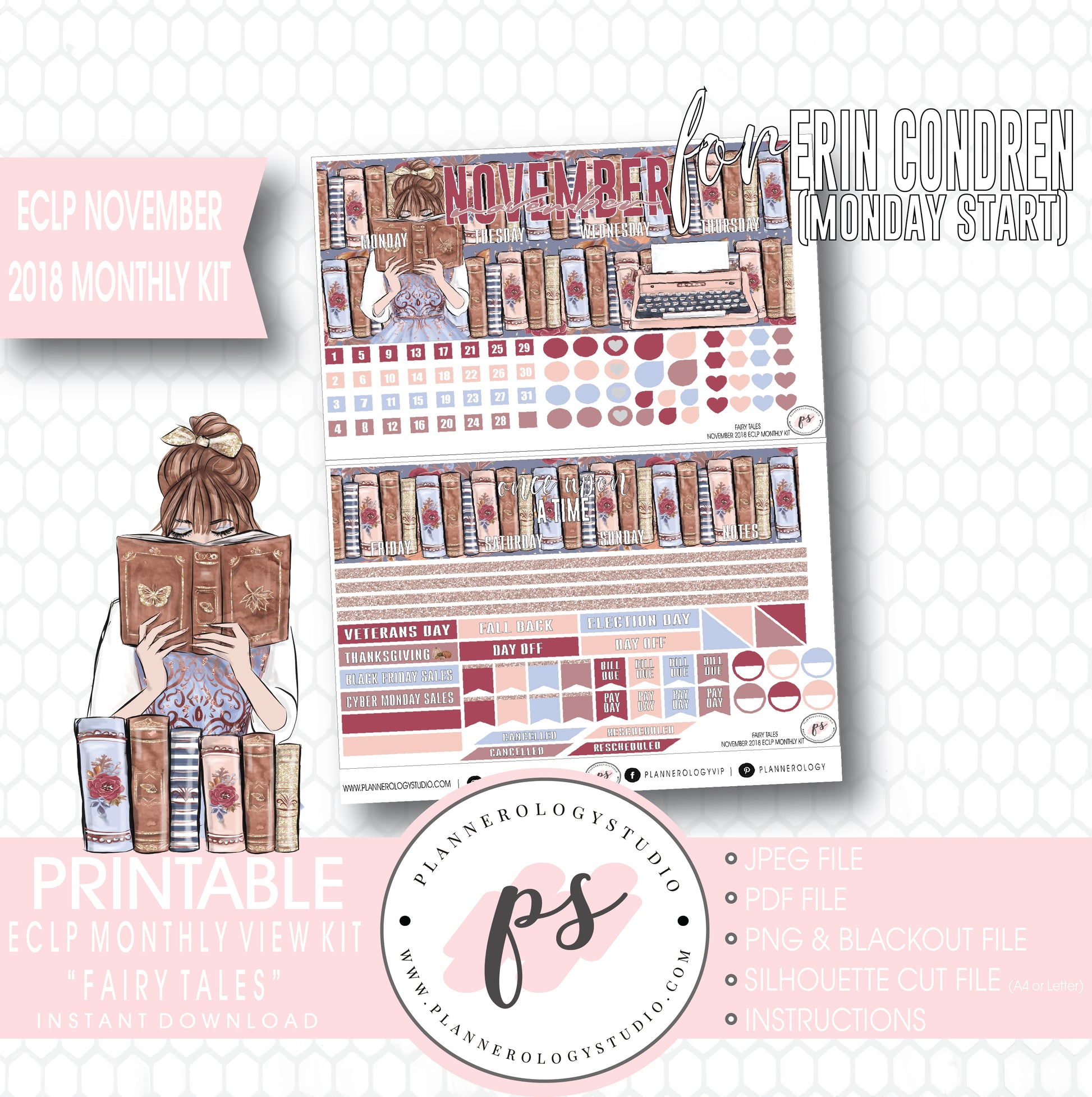 Fairy Tales November Monthly View Kit Digital Printable Planner Stickers (for use with Erin Condren) (Undated and Monday Start) - Plannerologystudio