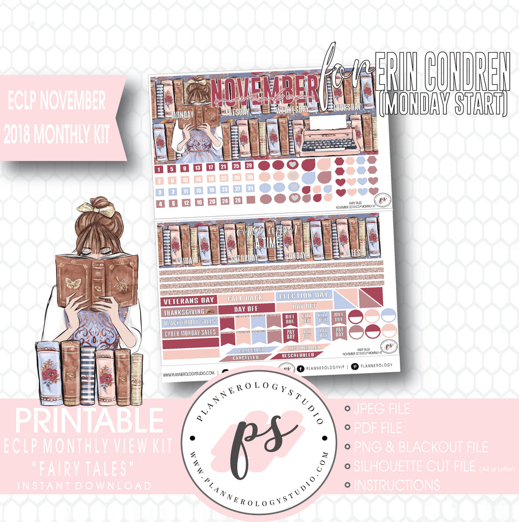 Fairy Tales November Monthly View Kit Digital Printable Planner Stickers (for use with Erin Condren) (Undated and Monday Start) - Plannerologystudio