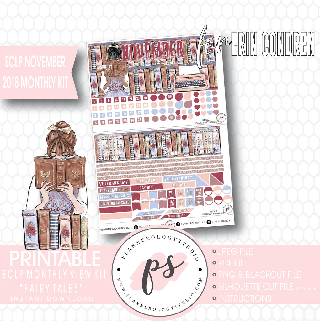 Fairy Tales November 2018 Monthly View Kit Digital Printable Planner Stickers (for use with Erin Condren) - Plannerologystudio