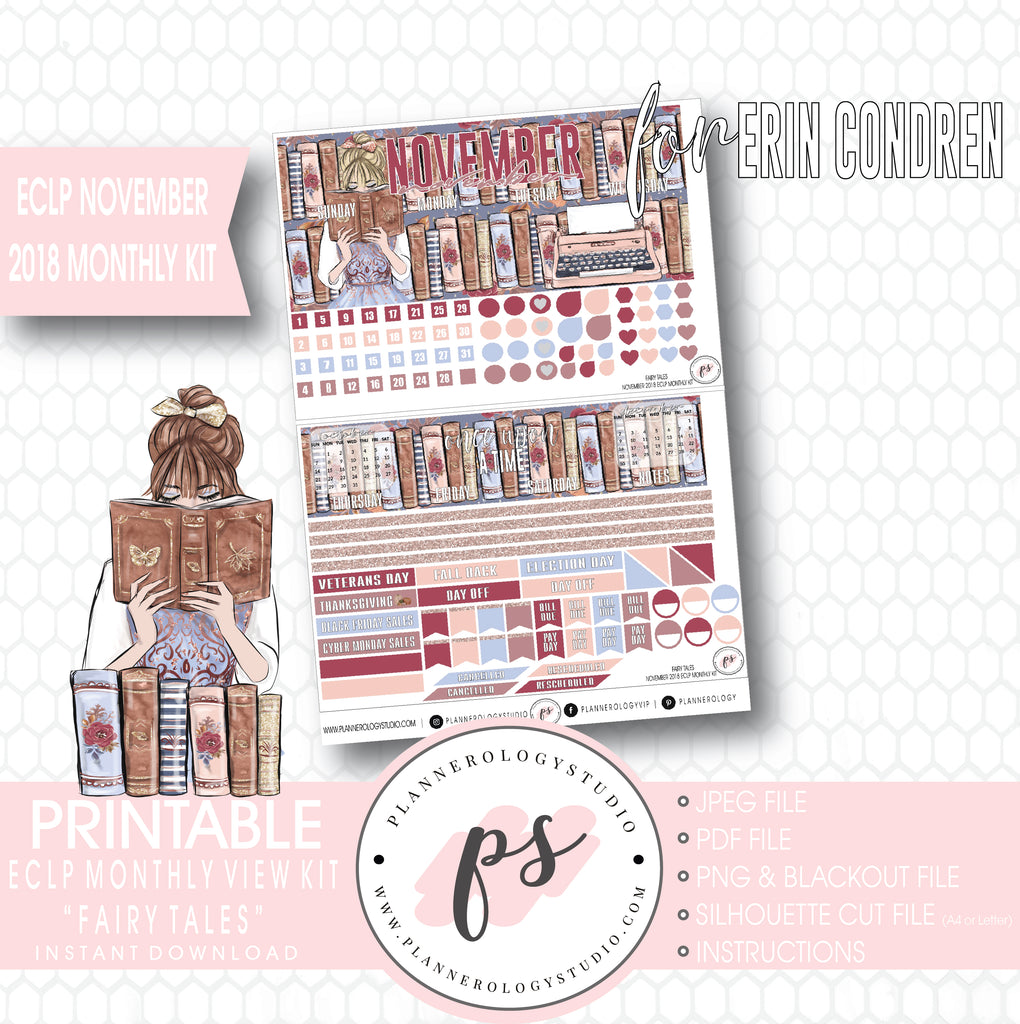 Fairy Tales November 2018 Monthly View Kit Digital Printable Planner Stickers (for use with Erin Condren) - Plannerologystudio